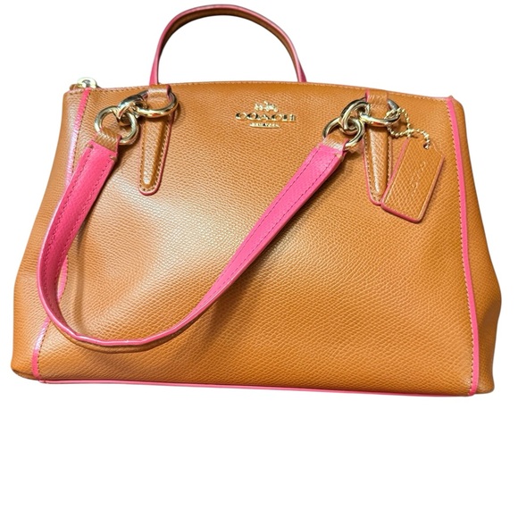 Coach Handbags - Coach Tan Pebbled Leather Satchel with Pink Trim